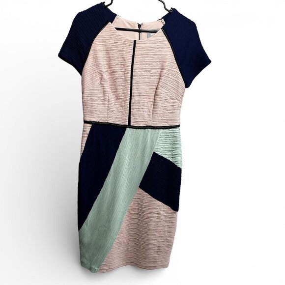 Anthropologie Maeve Danita Color Block Crepe Sheath Dress Pink Navy Teal 10 - Picture 2 of 8